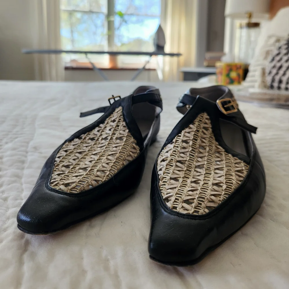 Tibi Wilder Black and Natural Raffia Pointed-Toe Flats